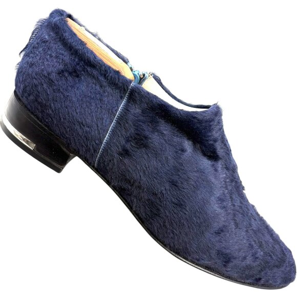 Josefina Ferroni Navy Blue Genuine Rabbit Fur Zip Flats - Picture 3 of 10